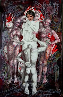 (П) Перминов Алексей Михайлович (г. р. 1972) - Ловцы. 2025 г. Бумага, шариковая ручка, акрил, ...