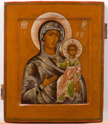 (М) Икона "Богоматерь Одигитрия". Третья четверть XVII в. Центральная Россия. Дерево, левкас, ...
