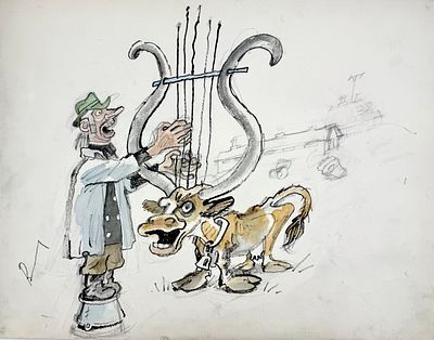 (П) [Без резерва] Гальба Владимир Александрович (1908–1984) Эскиз иллюстрации для плаката "Ты удвой, моя коровушка, удой". 1979 г.