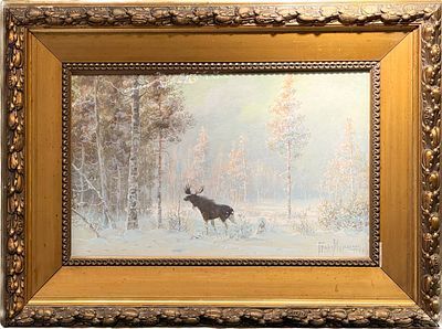 (П) Граф Владимир Леонидович Муравьёв (1861–1940) - Зимний пейзаж с лосем. 1907 г. Холст, ...