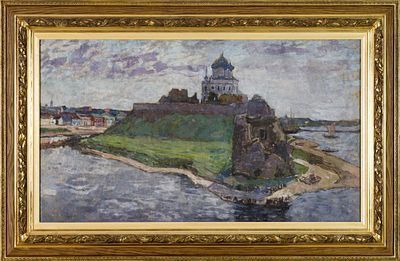 (М) *Петровичев Петр Иванович (1874-1947) Псков. Вид на Троицкий собор и Плоскую башню от Высокой башни. 1917 г. Бумага, дублированная на холст, темпера. 65,5 х 115,3 см