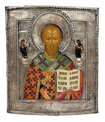 (П) Икона Николай Чудотворец в серебряном окладе. Вторая половина XVIII в. Дерево, левкас, ...