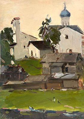 (П) Семёнов Арсений Никифорович (1911 — 1992) - Псков. Собор с колколней. 1958 г. Картон, масло ...
