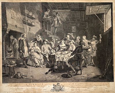 (М) Гравер Рич по картине Ван Харпа - Фламандский праздник. 1765 г. Бумага дублированная на ...