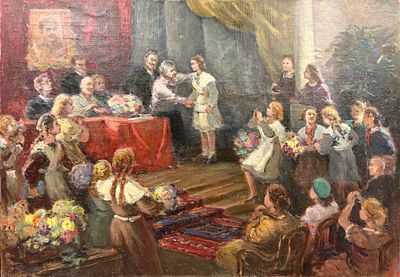 (П) Шведов Иван Александрович (1917 - ?) - Пионеры на вручении 1950-е гг. Холст, масло. 85 х ...