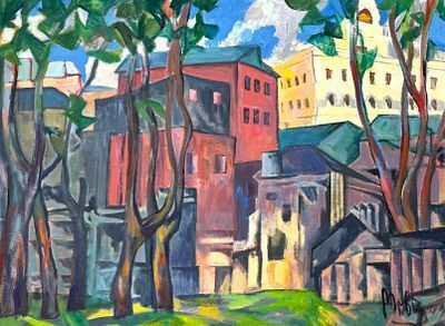 (П) Вовкушевский Ростислав Иванович (1917 - 2000) - Пейзаж с высоким домом (по А.Лентулову). ...