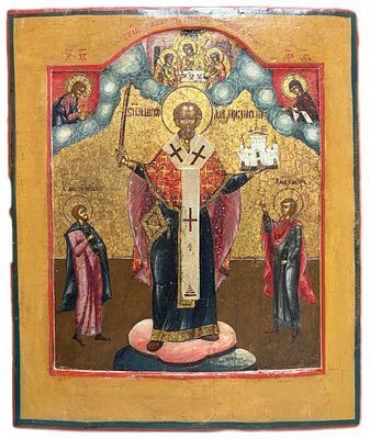 (М) Икона "Святитель Николай Можайский". Конец XVIII в. Палех. Дерево, левкас, темпера. 32 х ...