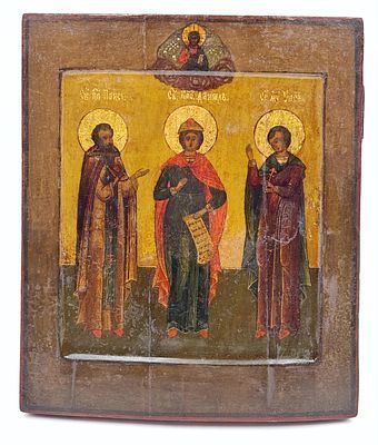 (П) Икона. Св. Даниил, Св. Паиссий, Св. мученик Уар. Мстера, XIX в. Дерево, левкас, темпера. 31 ...