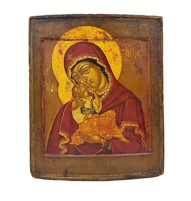 (П) Икона "Богоматерь Владимирская". XVII в. Доска, темпера, золочение. 31,5 х 26 см