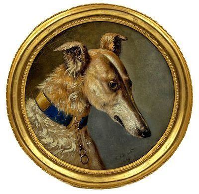 (П) Швабе Александр Петрович (Иоганн Александр Готлиб) (1818-1872)Портрет императорской собаки породы уиппет. 1869 г. Холст, масло. диаметр 37,5 см