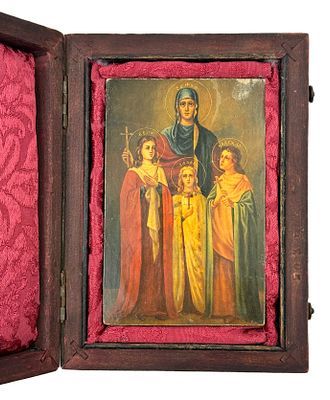 (П) Икона "Вера, Надежда, Любовь и мать их Софья". В коробе с металлической накладкой. XX в. ...