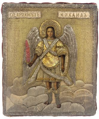 (П) Икона "Святой Архангел Михаил" с огненным мечом, конец XVIII в. Дерево, темпера шитье ...