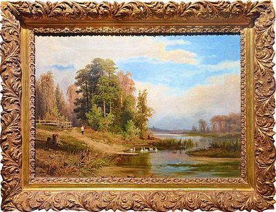 (М) Гине Александр Васильевич (1830-1880) - Летний пейзаж с гусями. 1870-е гг. Холст, масло. ...
