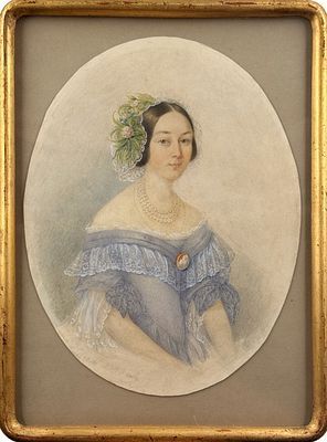 (П)* Стрелковский Алексей Иванович (1819 - 1904) - Портрет дамы в голубом. 1848 г. Бумага, ...