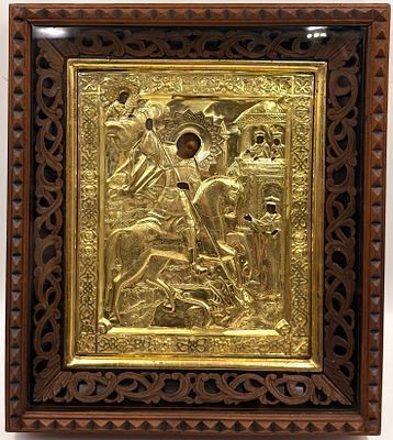 (П) Икона «Георгий Победоносец», серебро, 84 проба. середина XIX в. Дерево, левкас, серебряный ...