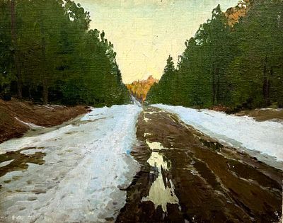 (М) Соколов Владимир Иванович (1872—1946) - Весенняя дорога. 1895 г. 29 х 36 см Фанера, масло. ...