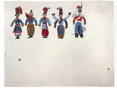 (М) Добужинский Мстислав Валерианович (1875-1957) Казаки. Эскиз костюмов к постановке "Тарас Бульба" Н.В. Гоголя. 1926 г.