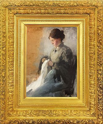 (М) [ТОП-ЛОТ] Серов Валентин Александрович (1865-1911) - За шитьём. 1896 г. Картон, масло. 47 х ...