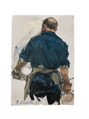 (П) Бызова Злата Николаевна (1927 — 2013) - Кузнец из Кинишмы. 1957 г. Картон, масло. 34 х 24 ...