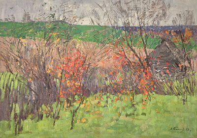 (П) Тимков Николай Ефимович (1912 - 1993) - Осенние вишни. 1963 г. Картон, масло. 52 х 74,5 см ...