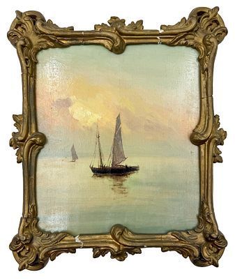 (П) Неизвестный художник - Парусник. XIX в. Доска, масло , 32,5 х 28 см