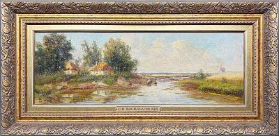 (М) Васильковский Сергей Иванович (1854-1917) - Хатки у речки. 1890-е гг. Картон, масло. 18,7 х ...