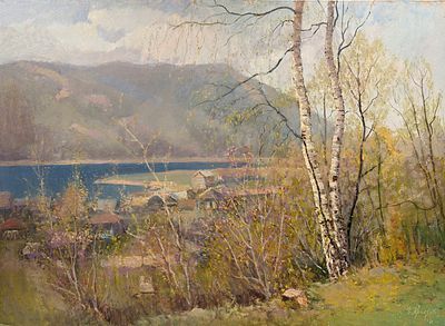 (П) Кранц Владимир Павлович (1913–2003) - У реки Ангары. 1986 г. Картон, масло. 50 х 70 см ...