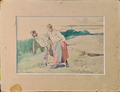 (П)* Биенковский Казимир (1863 - 1918) - Крестьяне 1904 г. Бумага, акварель 48 х 32 см