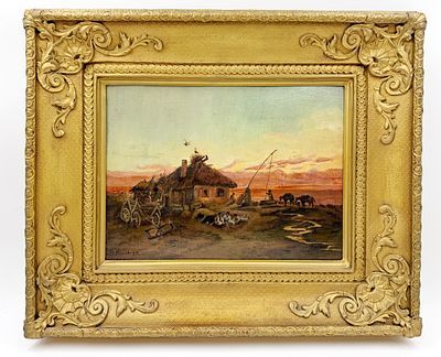 (П) Неизвестный художник - Сельский пейзаж XIX в. Холст, масло. 25 х 34 см в свету, 59 х 74 см ...