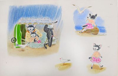 Аринушкин Андрей (1964 г.р.) С дочкой-кошкой. Иллюстрация к книге "Лила и море" про кота художника. 2000-е гг.