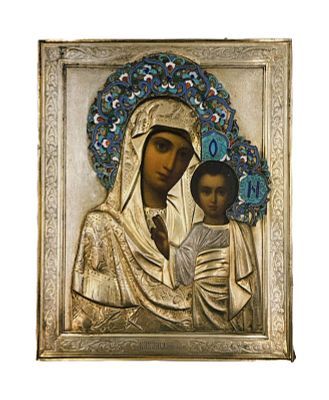 (П) Икона Казанской Божьей Матери. Начало XX века. Дерево, левкас, темпера, серебряный оклад, ...