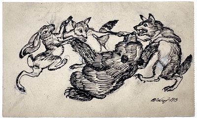 Лебедев Владимир Васильевич (1891–1967) Эскиз иллюстрации. 1913 г.
10 х 17,5 см

Бумага, тушь

Лебедев Владимир Васильевич (1891–1967) – художник, график. Один из основоположников советской книжной иллюстрации. Посещал мастерскую Ф.А. Рубо (1910–1914), Шк