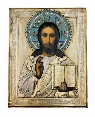 (П) Икона "Икона Спас Вседержитель". Конец XIX - Начало XX в. Дерево, левкас, позолоченный ...