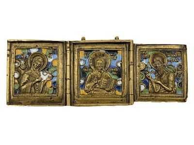 (П) Икона складень трехстворчатый, Деисус, Москва. начало XX в. 5 х 12,8 см. Медный сплав, ...