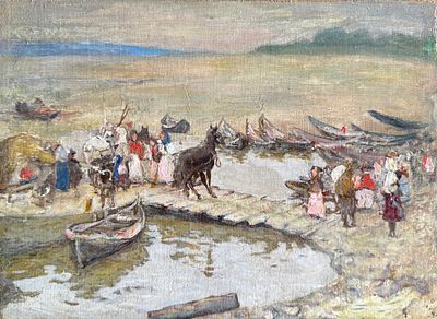 (М) Вахрамеев Александр Иванович (1874-1926) - Переправа на Волге. Холст на картоне, масло. 21 ...