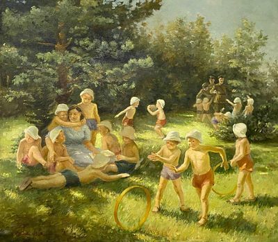 (М) Козлова Клавдия Афанасьевна (1902-1966) Дети начсостава в летней колонии. 1938 г. Холст, масло. 160 х 180 см