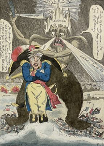 Уильям Элмс (работал 1804 - 1816) гравер Томас Тегг (1776 - 1846) издатель 
Карикатура "General Frost shaveing little Boney". 1812 г.
