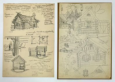 (М) Маврина Татьяна Алексеевна (1900-1996) - Старинные деревянные избы. 1950-е гг. Бумага, ...