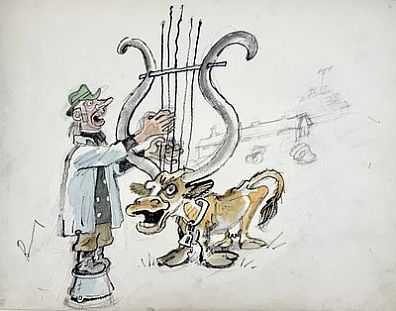 (П) [Без резерва] Гальба Владимир Александрович (1908–1984) Эскиз иллюстрации для плаката "Ты удвой, моя коровушка, удой". 1979 г.