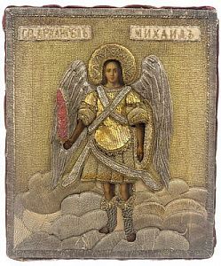 (П) Икона "Святой Архангел Михаил" с огненным мечом, конец XVIII в. Дерево, темпера шитье ...
