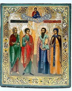 (П) Икона с изображением Святых. Архангел Гавриил, Св. Андрей, Св. Василий и Св. мученица ...