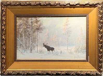 (П) Граф Владимир Леонидович Муравьёв (1861–1940) - Зимний пейзаж с лосем. 1907 г. Холст, ...
