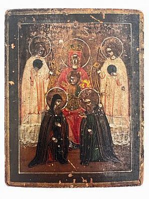 (М) Икона Покров Пресвятой Богородицы. Дерево, темпера. 11 х 8,4 см