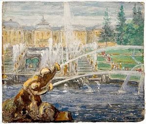 (П) Кучумов Василий Никитович (1888 — 1959) - Вид Петергофа. Первая половина XX в. картон, ...