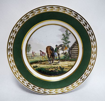 Тарелка с изображением лошадей и наездников по оригиналу Жака Франсуа Свебаха