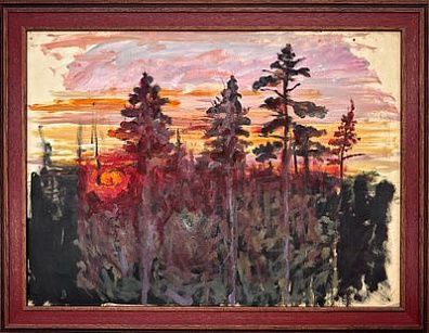 [Круг Лебедева] Васнецов Юрий Алексеевич (1900 -1973) - Закат в лесу. 43 х 59 см Бумага, масло ...