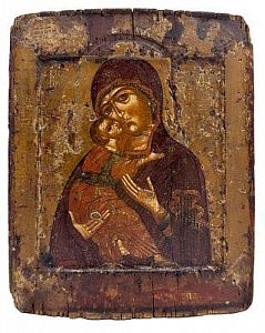 Икона. Владимирская Богоматерь. Середина XVII в. дерево, левкас, 31 х 25 см.
