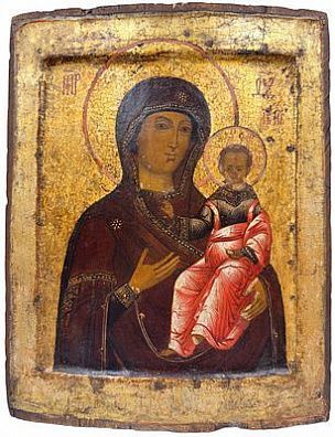 (П) Богоматерь Одигитрия Смоленская. Россия, Белозерье, XVII - XVIII вв. Дерево, темпера 24×30 см
