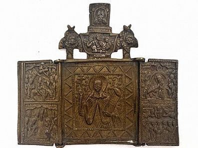 (М) Икона Пресвятая Богородица. Трехчастная. Медь, 10 х 9 см