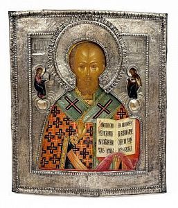(П) Икона Николай Чудотворец в серебряном окладе. Вторая половина XVIII в. Дерево, левкас, ...